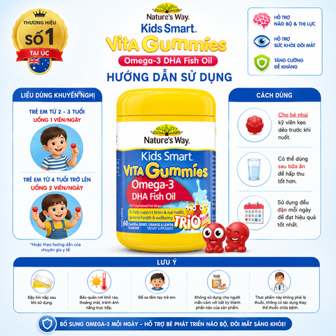 Kẹo dẻo Nature's Way Kids Smart Vita Gummies Omega-3 DHA Fish Oil hỗ trợ sức khoẻ não Và mắt cho bé 60 viên