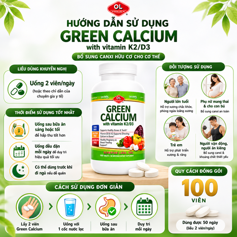 Bổ sung canxi hữu cơ cho cơ thể Olympian Labs Green Calcium with Vitamin K2/D3 hộp 100 viên