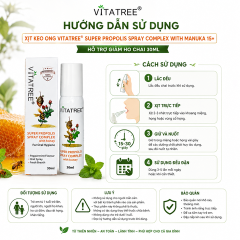 Xịt keo ong Vitatree Super Propolis Spray Complex With Manuka 15+ hỗ trợ giảm ho chai 30ml
