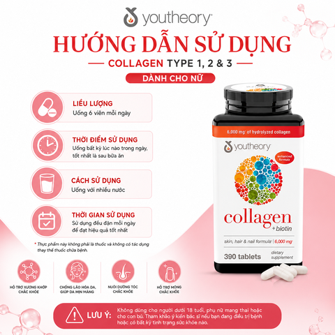 Collagen youtheory type 1 2 & 3 dành cho nữ 390 viên chắc khỏe xương khớp chống lão hóa da móng tóc
