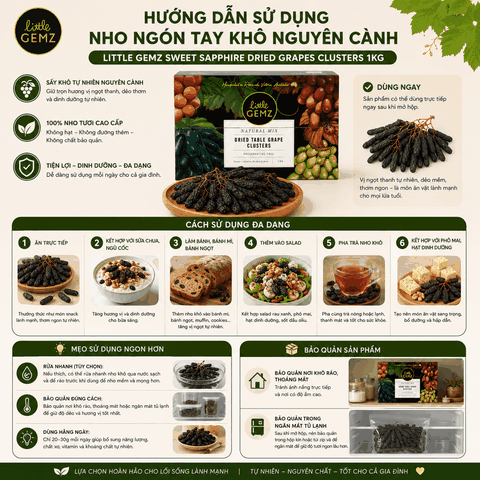 Nho Ngón Tay khô nguyên cành Little Gemz Sweet Sapphire Dried Grapes Clusters 1kg