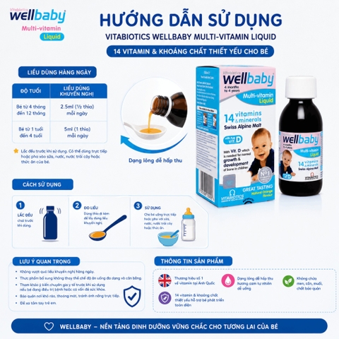 Vitabiotics Wellbaby Multi-Vitamin Liquid Chai 150ml 14 loại vitamin và khoáng chất thiết yếu cho bé 150ml