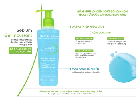 Gel rửa mặt bioderma dành cho da dầu và hỗn hợp chai 200ml giúp kiểm soát dầu thừa, ngăn ngừa mụn hiệu quả
