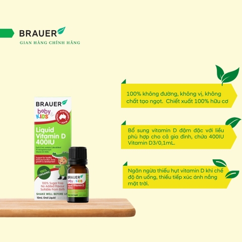 Siro bổ sung Vitamin D 400IU từ thực vật hữu cơ Brauer Baby Kids Liquid 10ml dành cho trẻ sơ sinh trở lên