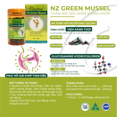 Khớp vẹm xanh - Careline Nz Green Mussel Glucosamine - Hỗ trợ sức khỏe xương khớp 60 viên