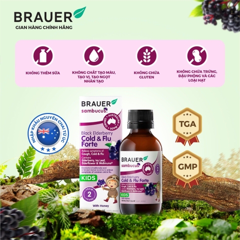 Siro giảm các triệu chứng cảm cúm, cảm lạnh Brauer Black Elederberry cold and flu forte (100ML)