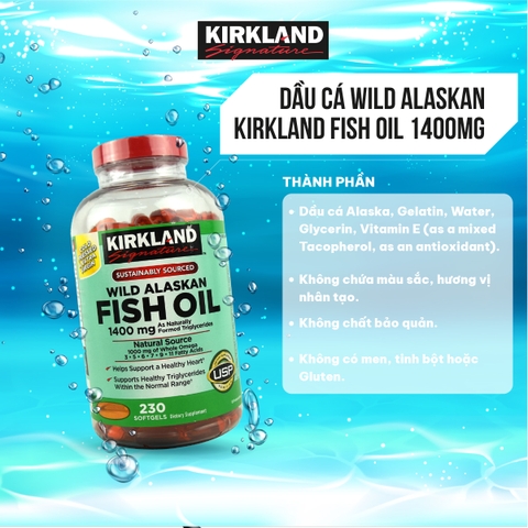 Dầu cá Kirkland Signature Fish Oil Alaskan 1400mg 230 viên hỗ trợ tim mạch, huyết áp, xương khớp cải thiện trí nhớ, sáng mắt