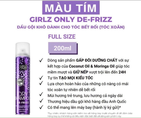 Dầu Gội Khô Giúp Tóc Hết Bết Girlz Only Dry Shampoo De-Frizz 200ml