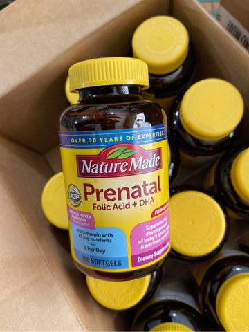 Vitamin tổng hợp cho bà bầu mỹ nature made prenatal with folic acid and dha giúp phát triển não bộ, hệ thần kinh, xương và mắt của bé, hỗ trợ sức khỏe tổng thể của mẹ 100 viên