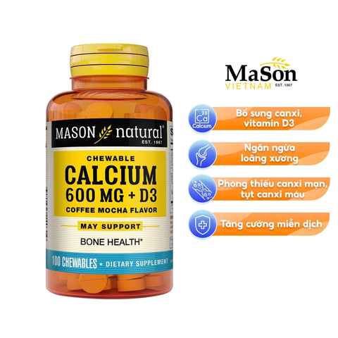 Viên Nhai Bổ Sung Canxi và Vitamin D3 Hỗ Trợ Xương Chắc Khỏe, Tăng Chiều Cao Mason Nature Calcium 600MG + D3 Hộp 100v