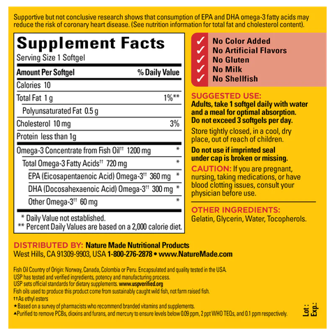 Dầu cá nature made fish oil omega 3 1200mg 300 viên hỗ trợ sáng mắt, tim mạch và huyết áp