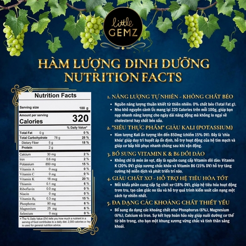 Nho khô nguyên cành Úc Little Gemz Sweet Globe Dried Table Grape Cluster 1kg