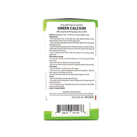Bổ sung canxi hữu cơ cho cơ thể Olympian Labs Green Calcium with Vitamin K2/D3 hộp 100 viên