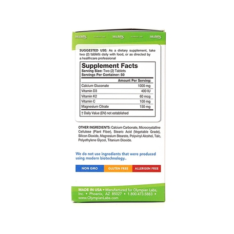 Bổ sung canxi hữu cơ cho cơ thể Olympian Labs Green Calcium with Vitamin K2/D3 hộp 100 viên