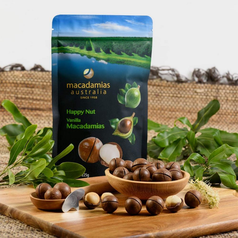 Hạt maca nguyên vỏ Úc happy nut vị vanilla macadamias Úc 225g