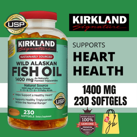 Dầu cá Kirkland Signature Fish Oil Alaskan 1400mg 230 viên hỗ trợ tim mạch, huyết áp, xương khớp cải thiện trí nhớ, sáng mắt