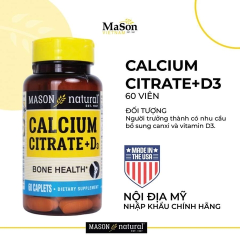 Viên Uống Canxi Hữu Cơ Mason Natural Calcium Citrate + D3 Hỗ Trợ Xương Chắc Khỏe, Phòng Ngừa Loãng Xương 60 viên