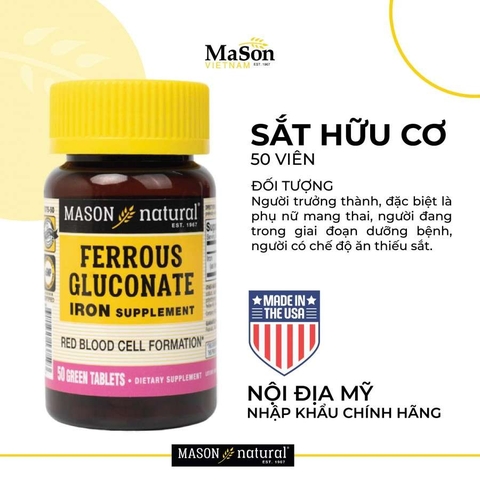 Viên Uống Sắt Cho Bà Bầu MASON NATURAL Ferrouse Gluconate Giúp Bổ Máu, Tăng Tế Bào Hồng Cầu, Không Tanh 50 Viên