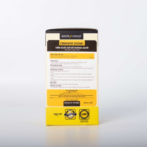 Viên Uống Hỗ Trợ Chuyển Hoá Đường MASON NATURAL Cinnamon 100 Viên