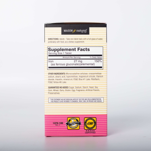 Viên Uống Sắt Cho Bà Bầu MASON NATURAL Ferrouse Gluconate Giúp Bổ Máu, Tăng Tế Bào Hồng Cầu, Không Tanh 100 Viên