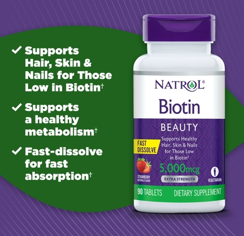 Viên ngậm natrol biotin extra strength fast dissolve beauty 5000mcg hỗ trợ da, móng, tóc hộp 90 viên