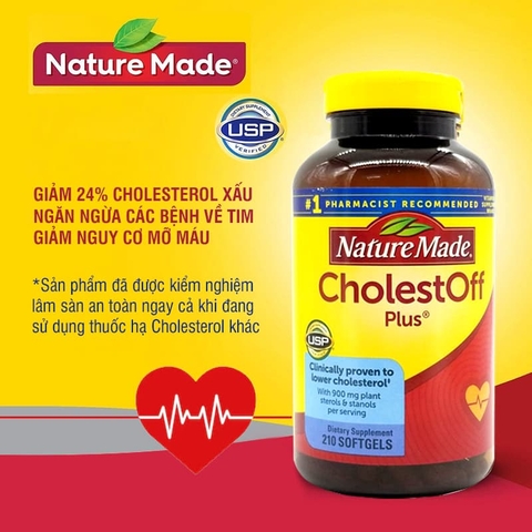 Hỗ trợ tim mạch Nature Made CholestOFF Plus 210 viên giảm Cholesterol, mỡ máu, giảm nguy cơ xơ vữa động mạch, đau tim, đột quỵ