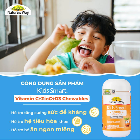 Viên nhai Nature’s Way kids smart vitamin C + Zinc + D3 75 viên- Bổ sung vitamin giúp tăng cường sức khỏe và sức đề kháng cho trẻ
