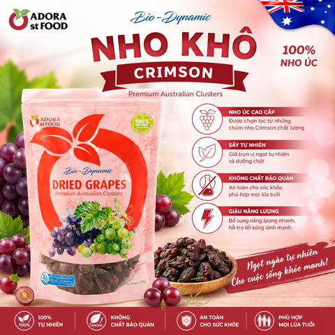 Nho khô nguyên cành Adora st Food Crimson Dried Table Grapes Cluster 500g đặc sản của Úc