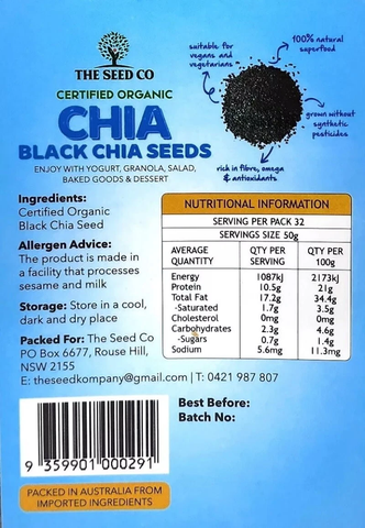 The Seed Co 1.6kg Black Chia Seeds Vegan Gluten Free Certified Organic Superfood 1.6kg