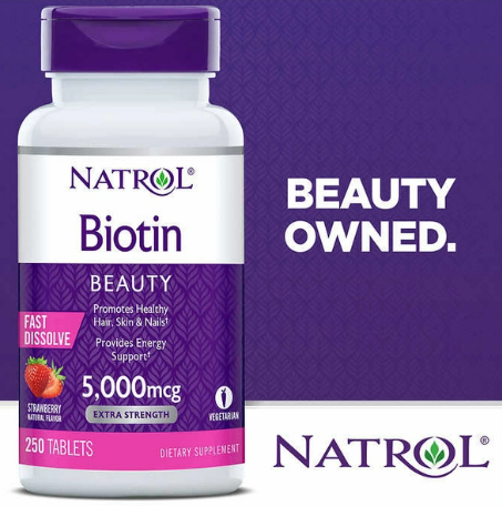 Hỗ trợ mọc tóc Natrol Biotin 5000mcg Promotes Healthy hộp 250 viên hương dâu