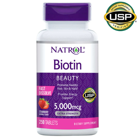 Hỗ trợ mọc tóc Natrol Biotin 5000mcg Promotes Healthy hộp 250 viên hương dâu