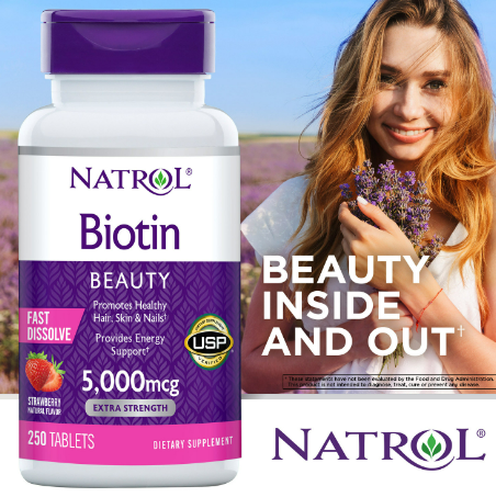 Hỗ trợ mọc tóc Natrol Biotin 5000mcg Promotes Healthy hộp 250 viên hương dâu