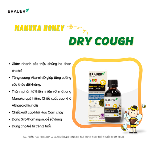 Siro giảm ho khan Brauer Kids Manuka Honey Dry Cough 100ml cho trẻ từ 2 tuổi trở lên