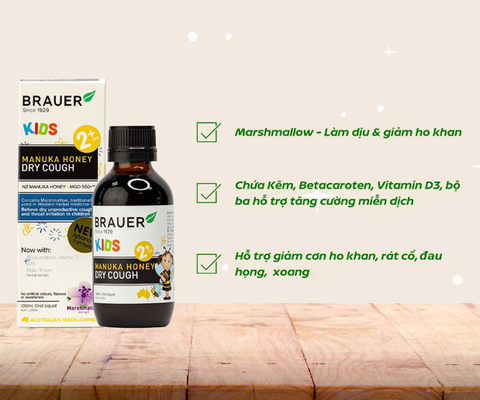 Siro giảm ho khan Brauer Kids Manuka Honey Dry Cough 100ml cho trẻ từ 2 tuổi trở lên