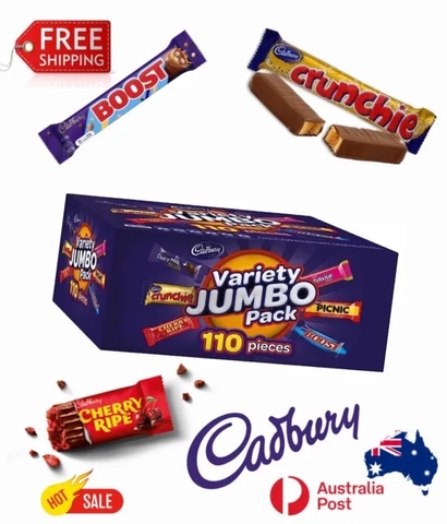Socola mix Cadbury Variety Jumbo Chocolate Box 1.56kg là tuyển chọn 110 thanh sô cô la thơm ngon, bao gồm các loại được yêu thích phổ biến như Dairy Milk, Crunchie, Cherry Ripe, Turkish Delight, Picnic và Boost