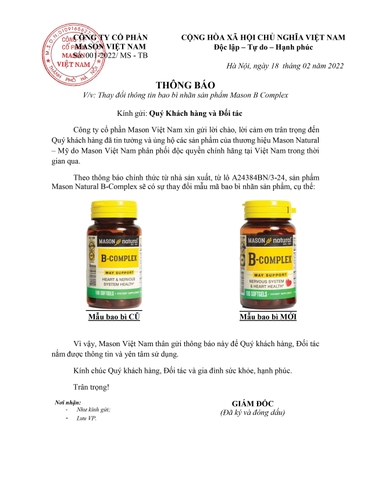 Viên Uống MASON NATURAL Hỗ Trợ Sức Khoẻ Hệ Thần Kinh Và Tăng Cường Sức Khoẻ Tổng Hợp B-Complex 100 Viên