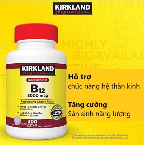 Vitamin b12 kirkland signature 5000mcg 300 viên ngậm hỗ trợ chức năng hệ thần kinh, sản sinh năng lương