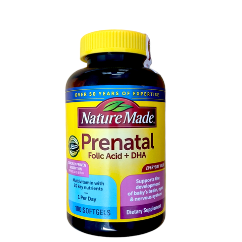 Vitamin tổng hợp cho bà bầu mỹ nature made prenatal with folic acid and dha giúp phát triển não bộ, hệ thần kinh, xương và mắt của bé, hỗ trợ sức khỏe tổng thể của mẹ 100 viên