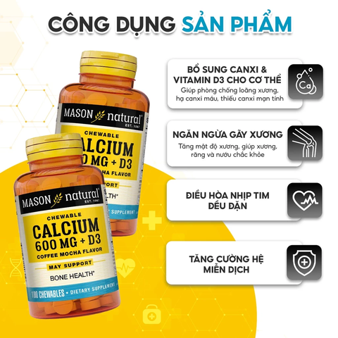 Viên Nhai Bổ Sung Canxi và Vitamin D3 Hỗ Trợ Xương Chắc Khỏe, Tăng Chiều Cao Mason Nature Calcium 600MG + D3 Hộp 100v