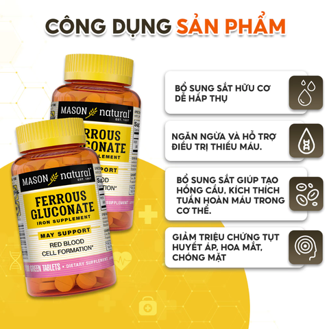 Viên Uống Sắt Cho Bà Bầu MASON NATURAL Ferrouse Gluconate Giúp Bổ Máu, Tăng Tế Bào Hồng Cầu, Không Tanh 100 Viên