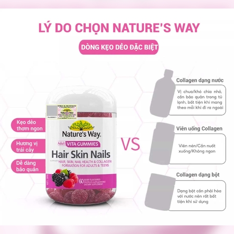 Nature’s Way Adult Vita Gummies Hair Skin Nails – Bổ sung Vitamin C, E, Biotin và kẽm hỗ trợ da, tóc móng khỏe mạnh