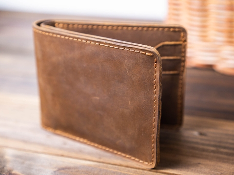 Ví da bò nâu bò sáp, ví nam vintage wing wallet manuk leather