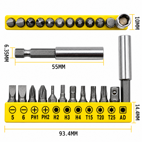 Bộ 11 Mũi Vặn Vít + Cán Tăng Lực – Bộ Đầu Vít Đa Năng, Mũi PH1 PH2 H2 H3 H4 T15 T20 T25, Kèm Thanh Nối