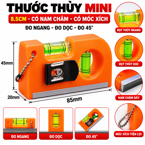 Thước Thủy Mini 8.5cm Có Nam Châm – Thước Cân Bằng Đa Hướng Chính Xác, Gắn Kim Loại