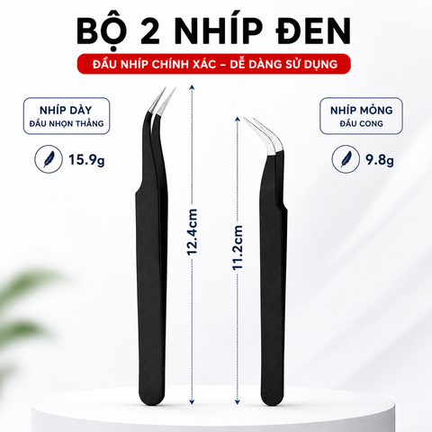Bộ 2 Nhíp Đen - Nhíp Thẳng 12.4cm + Nhíp Cong 11.2cm - Gắp Linh Kiện Điện Tử- Sửa Chữa DIY