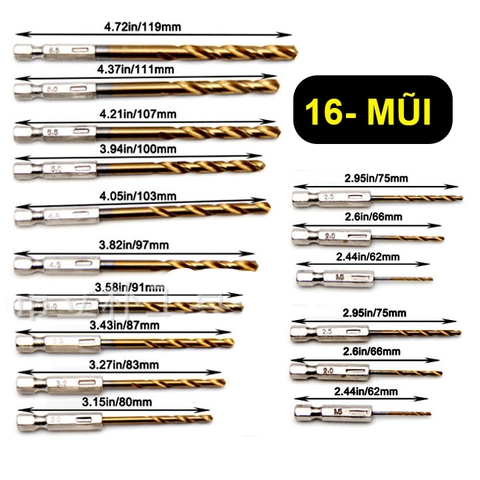 Bộ 16 Mũi Khoan Lục Giác Mạ TiTan Cho Máy Khoan Hơi Máy Khoan Pin