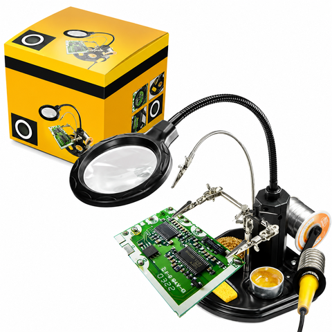 Bộ Giá Đỡ Hàn Đa Năng Kèm Kính Lúp LED - Helping Hand Hỗ Trợ Hàn Mạch, Giá Đỡ Mỏ Hàn, Kẹp PCB