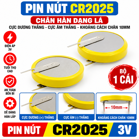 Pin Nút CR2025 3V – Pin Cúc Áo Chân Hàn Dạng Lá, Khoảng Cách Chân 10mm