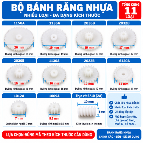 Bộ Bánh Răng Nhựa – Nhiều Kích Thước, Bánh Răng Thay Thế Cho Mô Hình, Đồ Chơi & Thiết Bị Cơ Khí