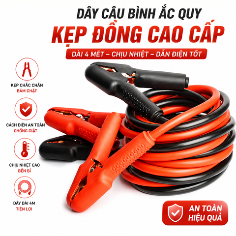 Dây Câu Bình Ô Tô 1000A–2000A – Lõi Đồng Dày, Kẹp Cá Sấu Chắc, Kích Nổ Nhanh